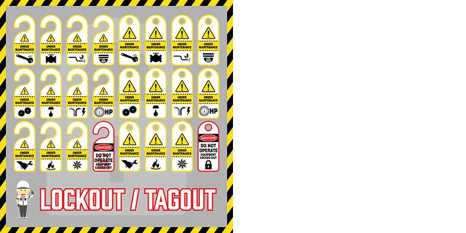 Set of safety caution labels and tags for world industrial lockout-tagout maintenance safety procedure.